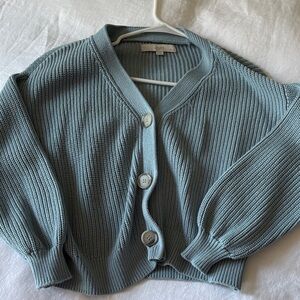 LOFT Ribbed Button-Up Cardigan in Soft Blue